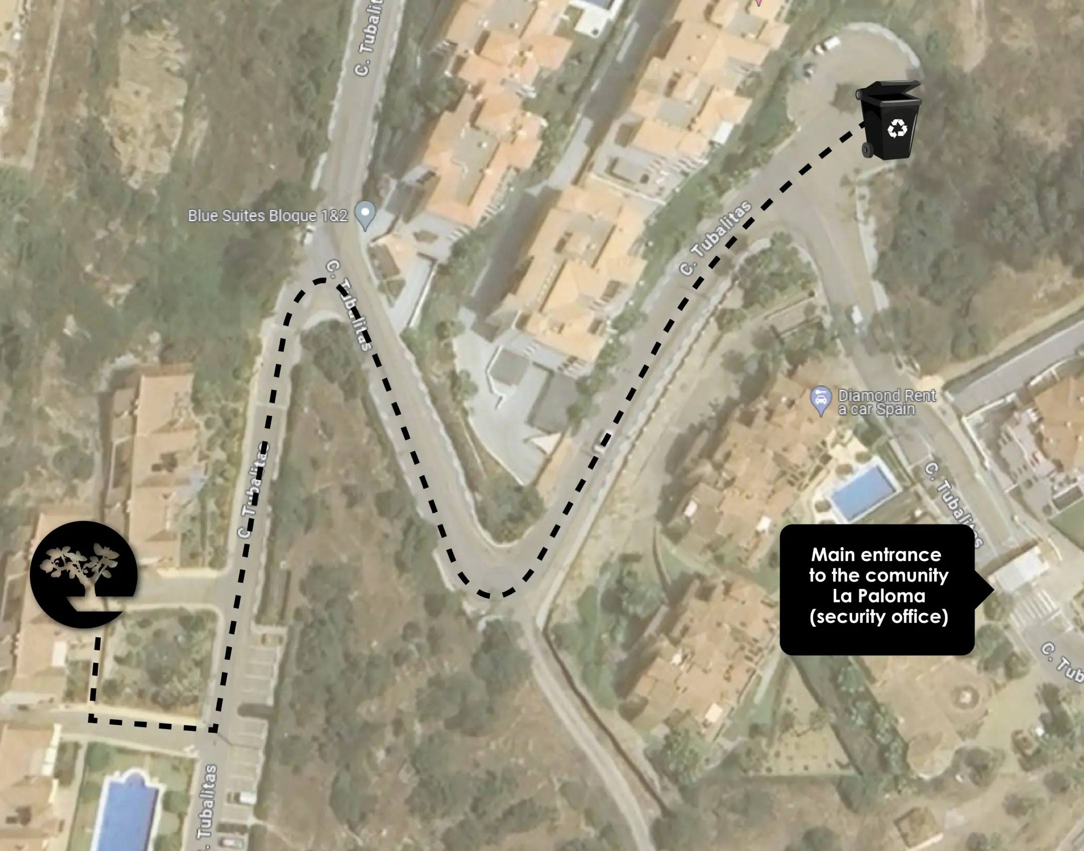 A map showing a path to a disposal area: follow the road downhill and at the third turn you'll see a roundabout; that is where the garbage container is.